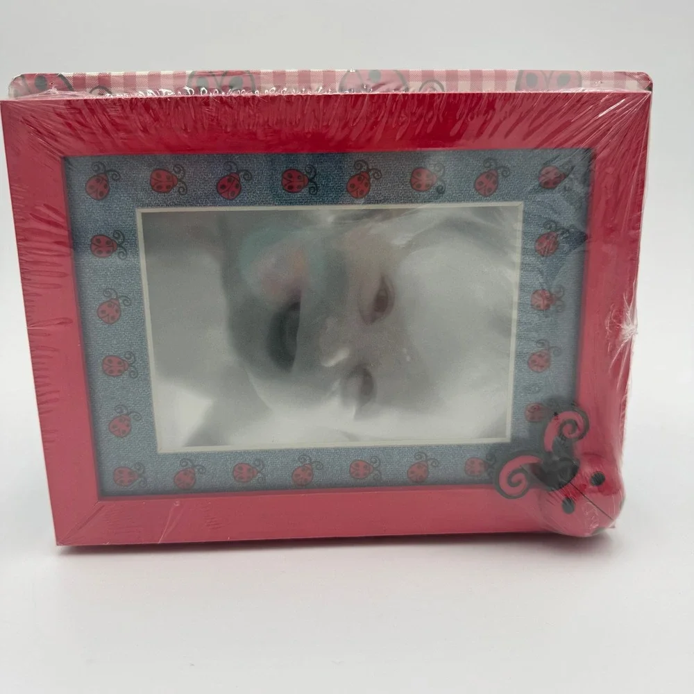 Vintage Ladybug Photo Box and Wooden Frame Set Red Gingham Denim Print New